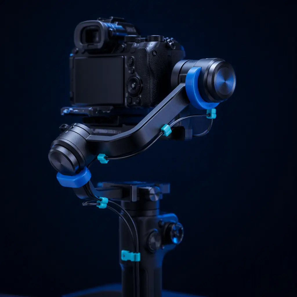3D printed gimbal balance rings and cable clips installed on a camera gimbal stabilizer in a studio, printed parts in place on the gimbal, photorealistic, no people, no text, no logos