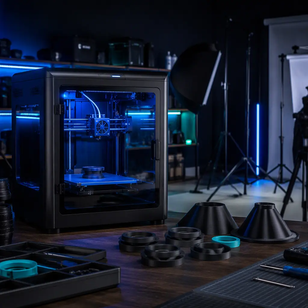 Enclosed 3D printer running in a photography studio equipment room, printed PETG rings and ASA modifiers on the workbench, studio lights and backdrops visible in background, photorealistic, no people, no text, no logos