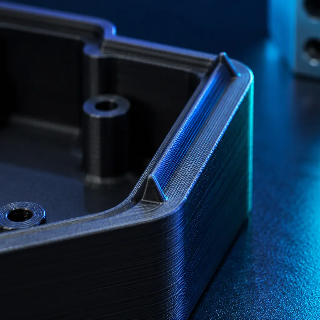 Macro photograph of two 3D printed enclosure halves with a stepped joint edge resting on a dark engineering workbench under cool studio lighting