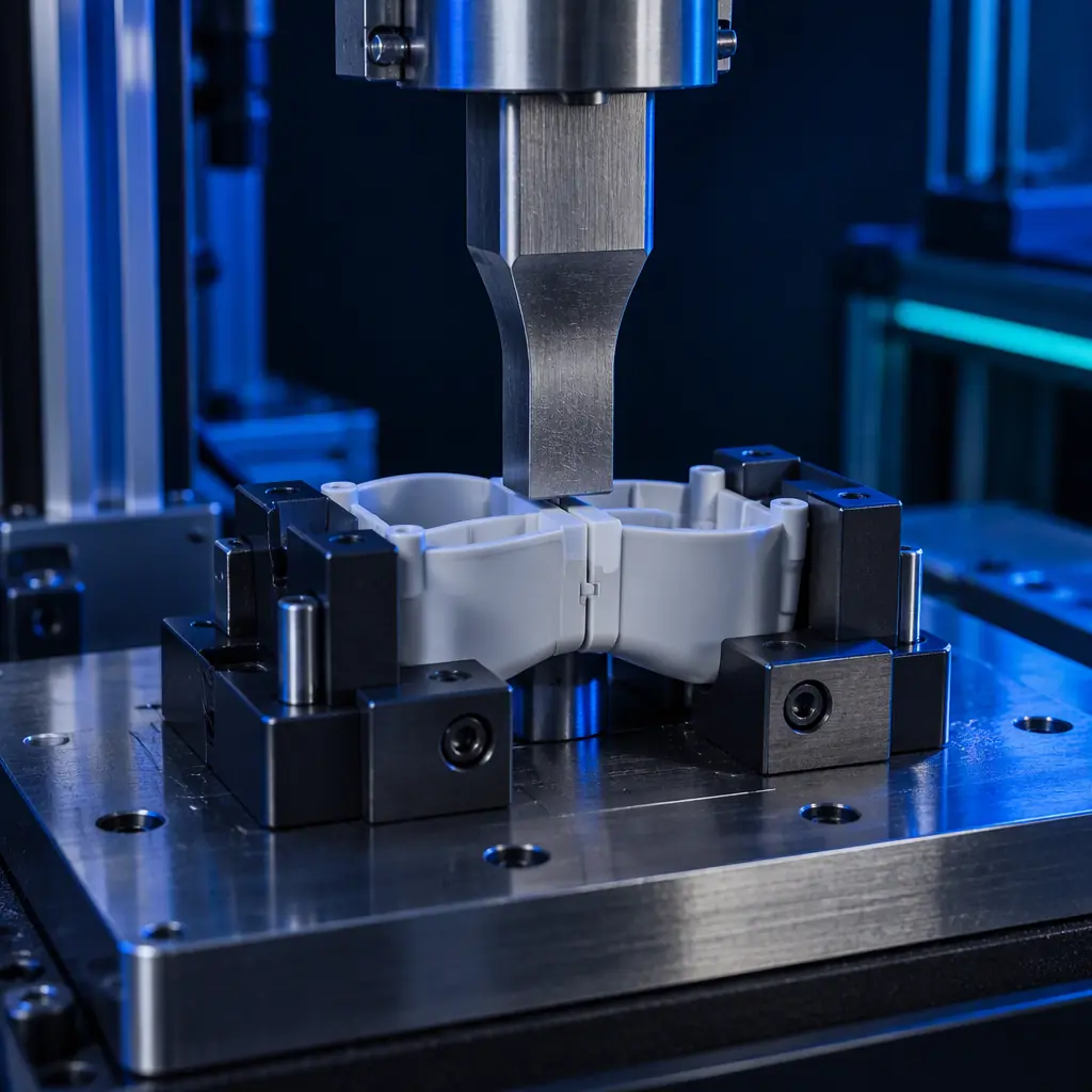 Close-up photograph of a black 3D printed enclosure half showing a raised triangular energy director ridge along its joint face under blue-lit industrial lighting