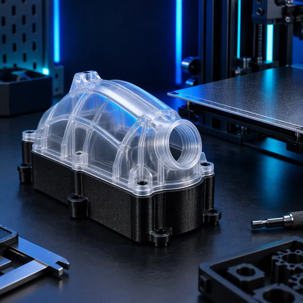 Studio photograph of a translucent and a black pigmented 3D printed housing half with a laser welded seam being inspected under cool white light