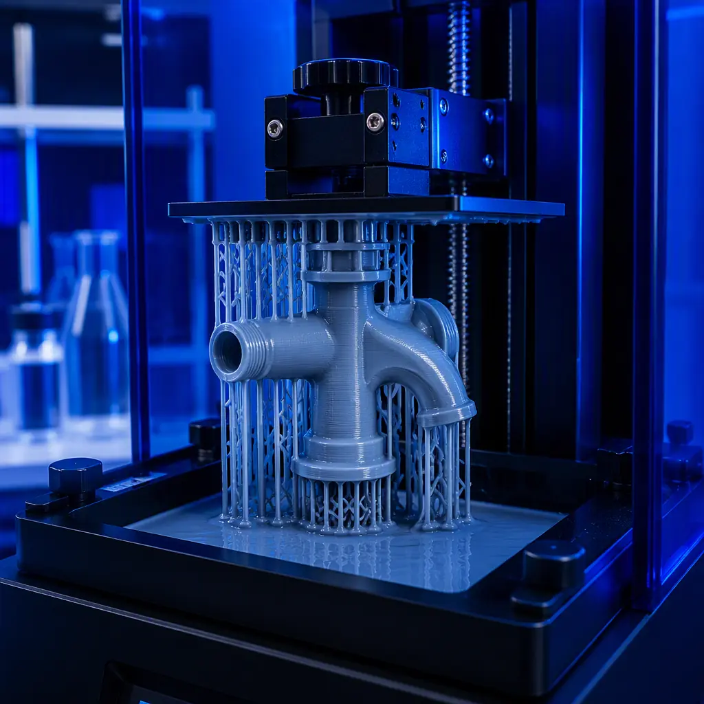 Resin 3D printer printing a detailed faucet body prototype, layer lines visible on the partially printed part, build plate with support structures, lab bench, photorealistic, no people, no text, no logos