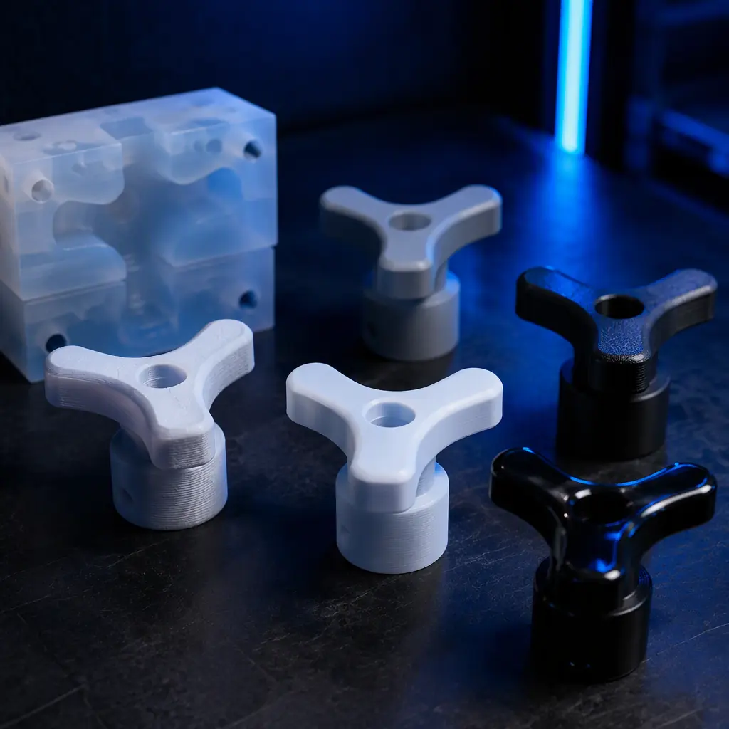 3D printed faucet handle prototypes with different surface finishes, matte white resin and polished dark parts arranged on a workbench, silicone mold master beside them, studio lighting, photorealistic, no people, no text, no logos