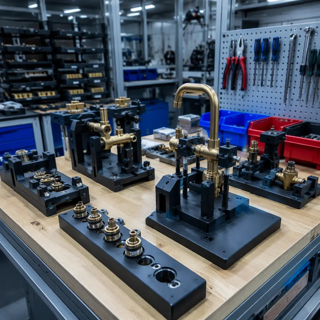 Plumbing manufacturing workshop with 3D printed jigs and assembly fixtures holding brass faucet components during assembly, organized workbench, industrial lighting, photorealistic, no people, no text, no logos