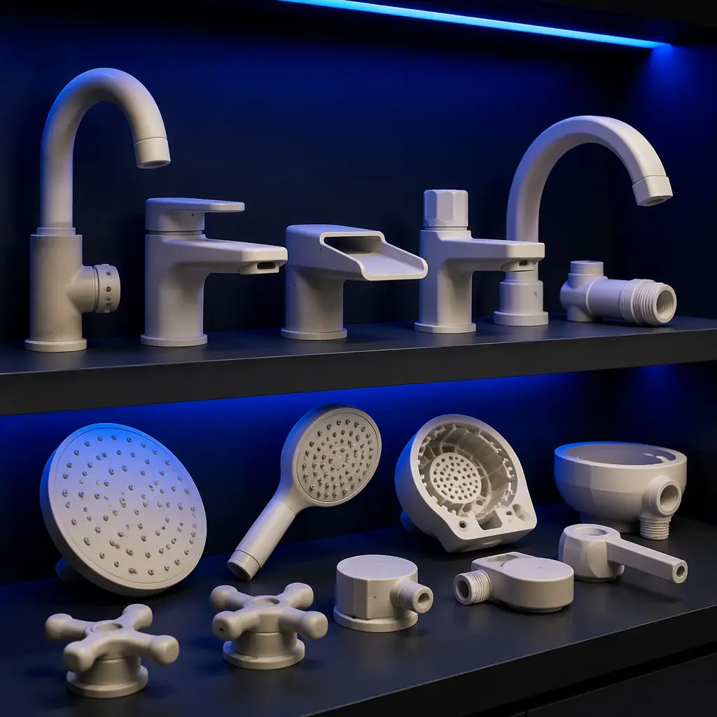Display shelf of 3D printed plumbing prototypes, faucet bodies, handles and shower head parts with smooth resin finishes, showroom lighting, product photography, photorealistic, no people, no text, no logos