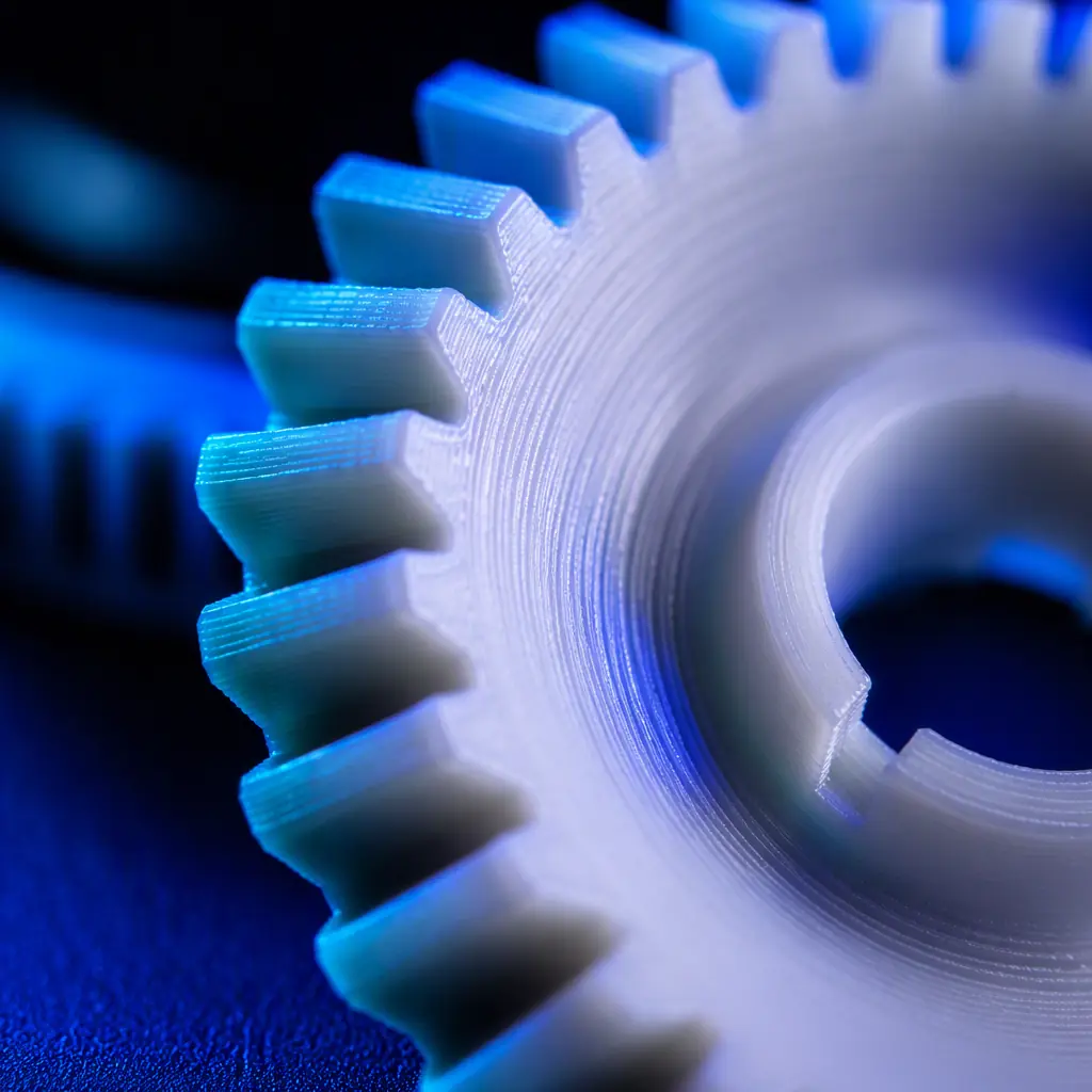Macro close-up of a 3D printed POM gear showing crisp gear teeth and a smooth low-friction surface