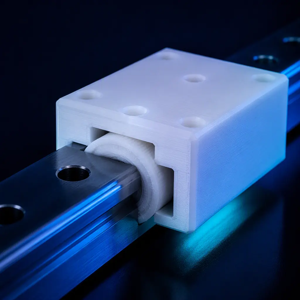 A 3D printed POM slide block and bushing fitted into a steel linear rail