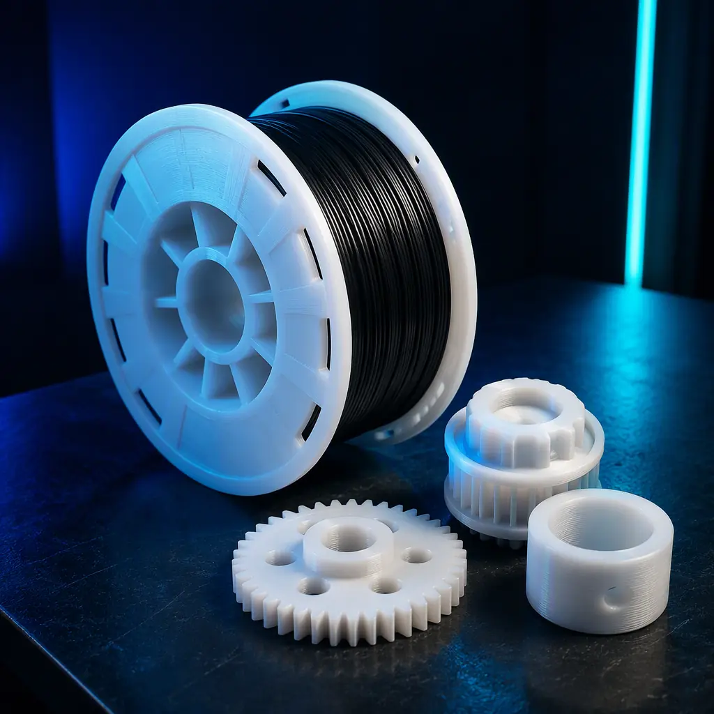 3D printed POM acetal spool and printed mechanical components on a dark workbench