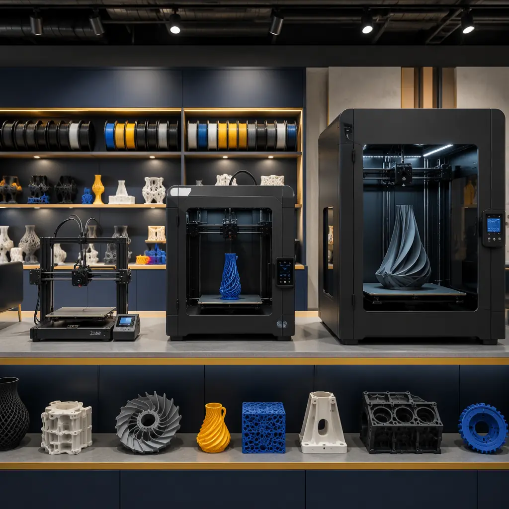 Three 3D printers displayed side by side representing entry, prosumer, and professional tiers in a distributor showroom setting