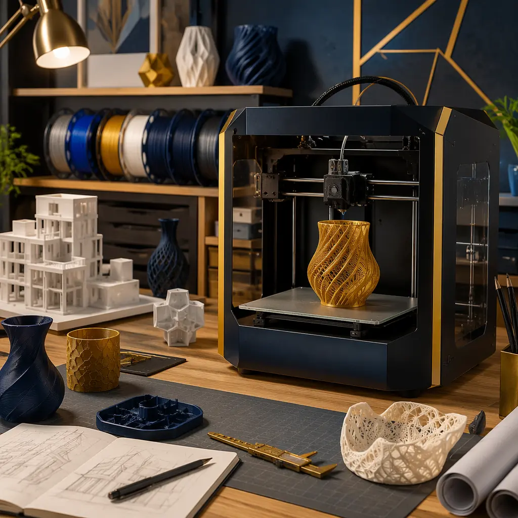 Mid-range 3D printer in a design studio environment with filament spools and printed prototypes on display
