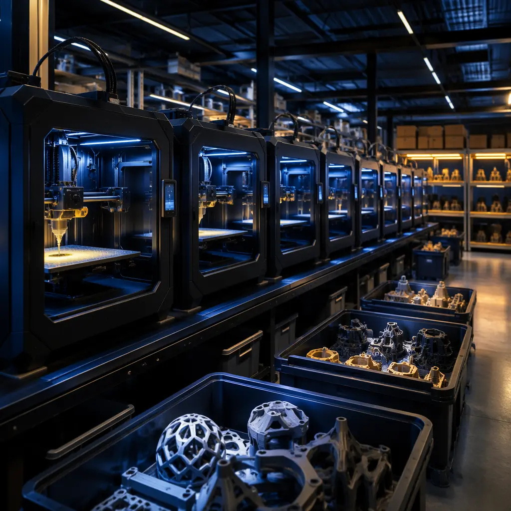 Professional-grade enclosed 3D printer in a print farm environment with rows of machines operating simultaneously