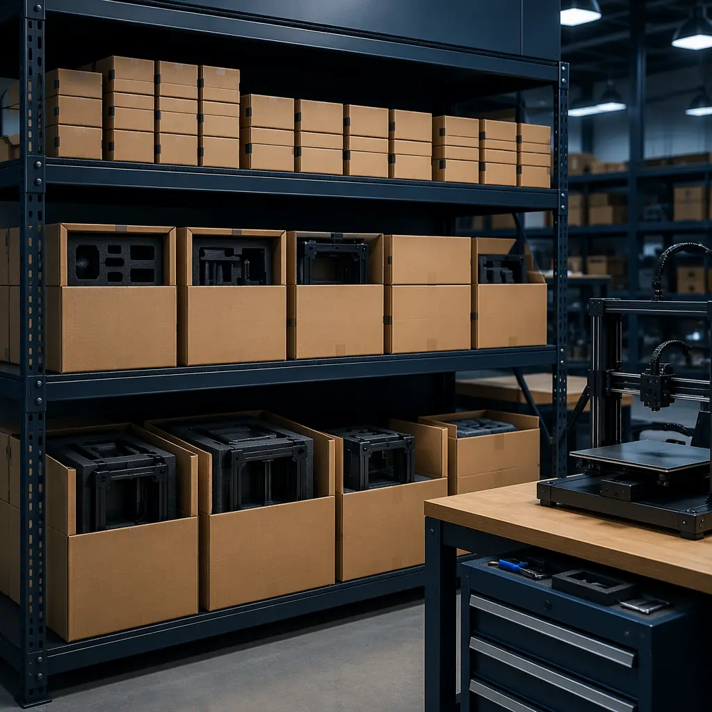 Warehouse shelf with organized 3D printer inventory boxes in three size tiers, industrial lighting