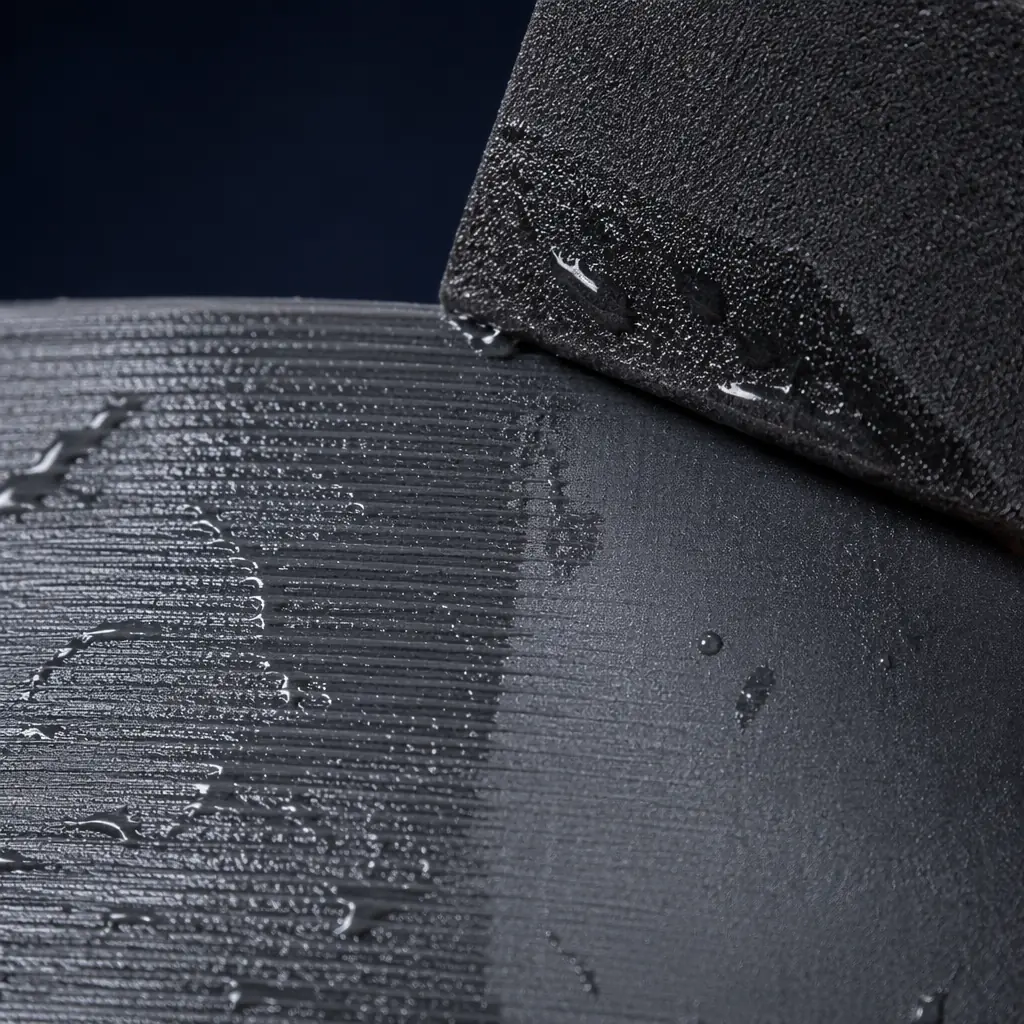 Close-up macro photo of a 3D printed part surface being wet-sanded with 400 grit sandpaper, showing the transition from visible layer lines to smooth matte finish on dark gray PLA