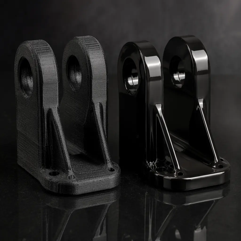 Photorealistic macro comparison of two 3D printed ABS parts side by side: left shows visible layer lines on raw print, right shows glossy mirror-smooth surface after acetone vapor smoothing, on dark reflective surface