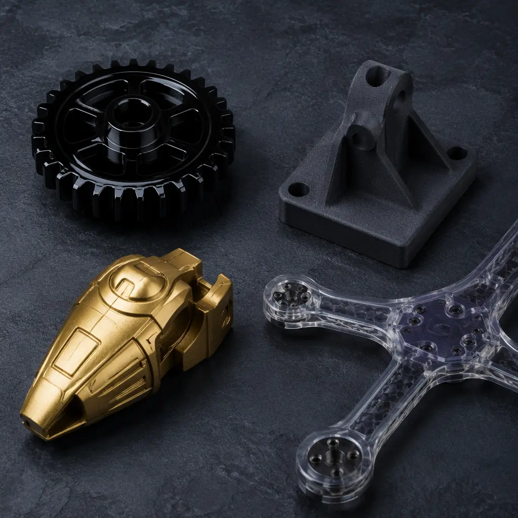 A collection of finished 3D printed parts with various post-processing finishes arranged on dark display surface: vapor-smoothed glossy black ABS part, matte sanded gray PLA gear, painted metallic gold prop, and clear epoxy-coated functional bracket