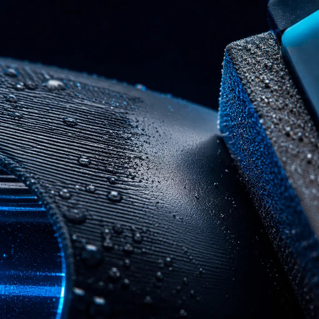 Macro photograph of a 3D printed part being wet-sanded on a dark surface with water droplets and a caliper resting beside it