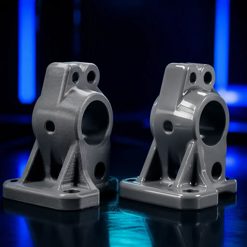 Two identical 3D printed parts on a dark reflective surface, one raw with visible layer lines and one vapour smoothed to a glossy finish, under neutral studio lighting