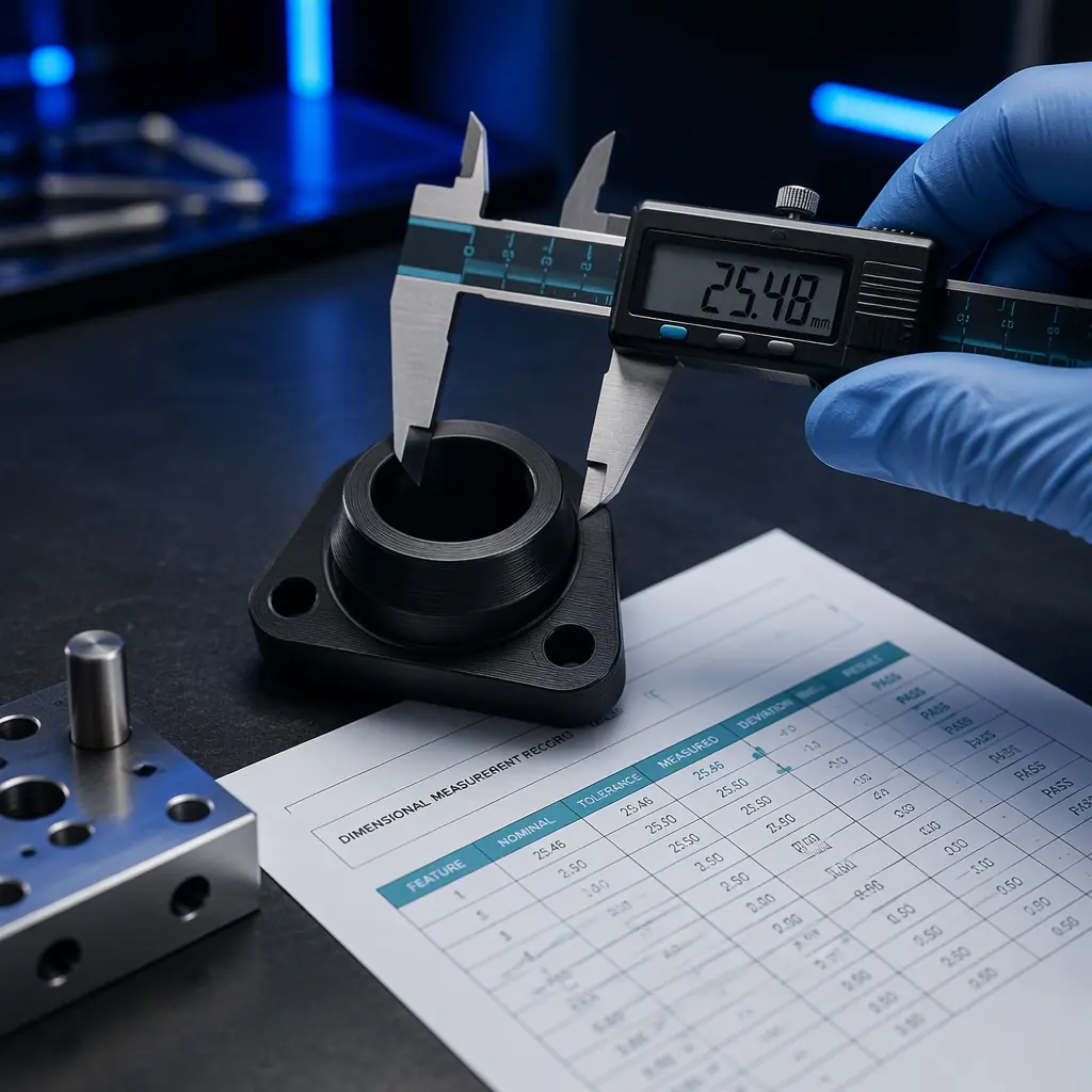 Close-up of digital calipers measuring a finished 3D printed part on a dark inspection bench with a measurement record sheet visible beside it