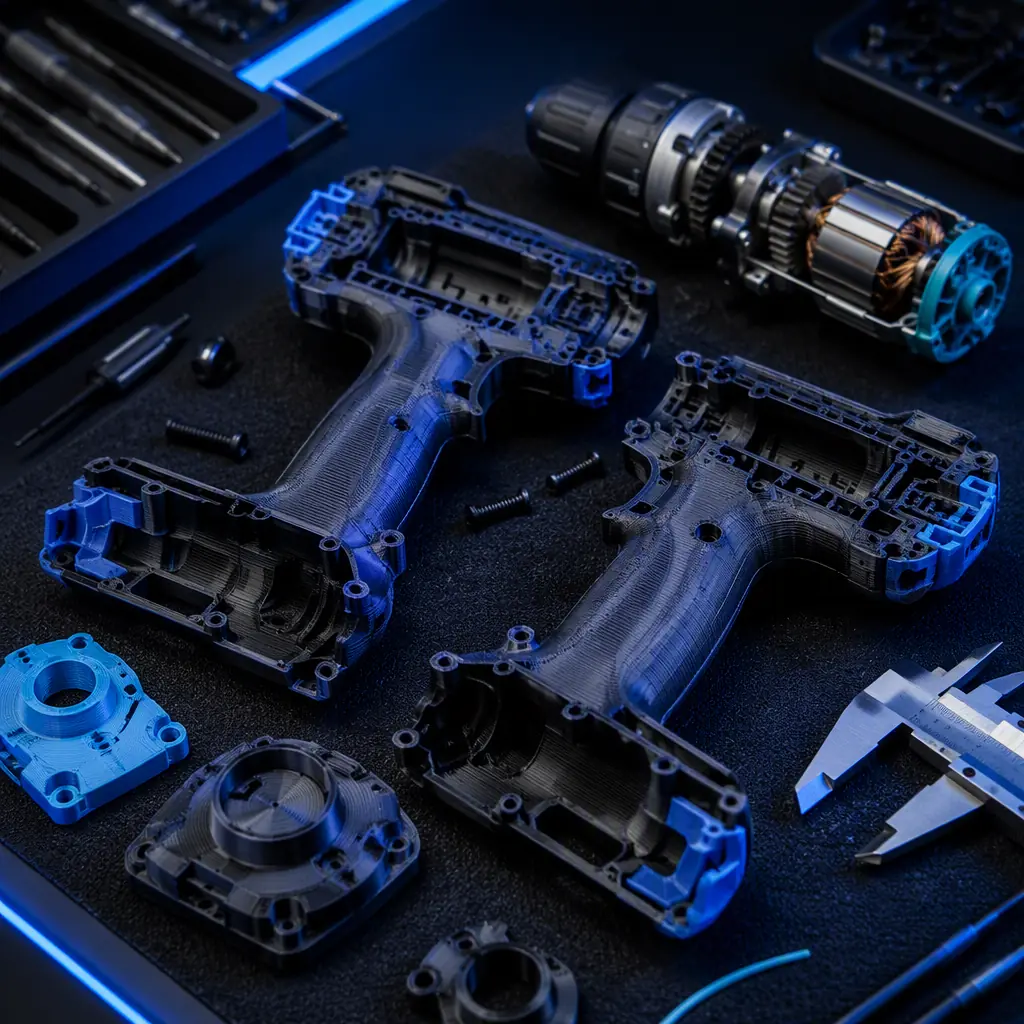 3D printed power tool housing halves and gear covers on a service bench, drill disassembled beside them, printed layer lines visible, calipers, studio lighting