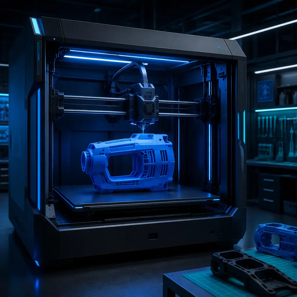 Large-format 3D printer producing a power tool housing in a factory engineering lab, printed housing on the build plate, LED-lit chamber, deep navy tones with electric blue accent lighting