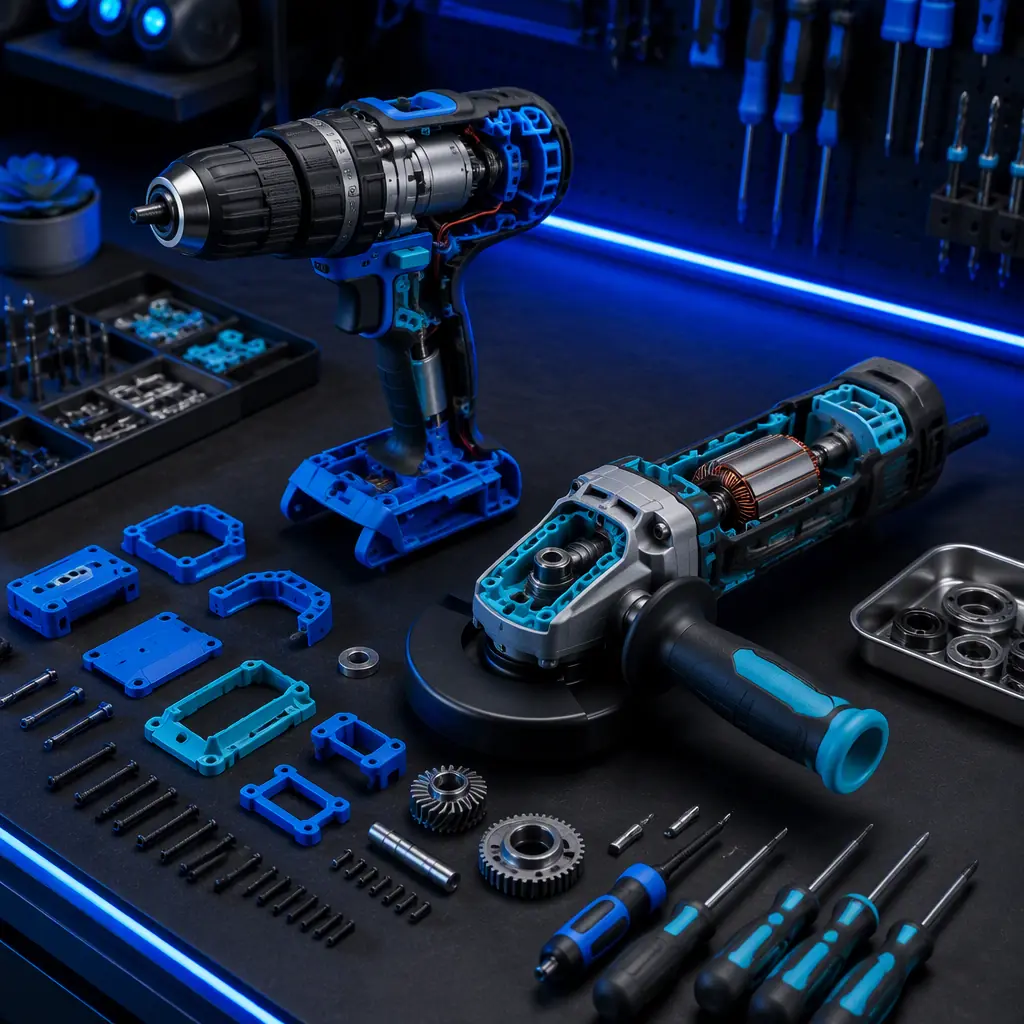 3D printed replacement parts installed on a disassembled power drill and angle grinder on a service workbench, tools and spare parts organized, industrial lighting with cool blue tones