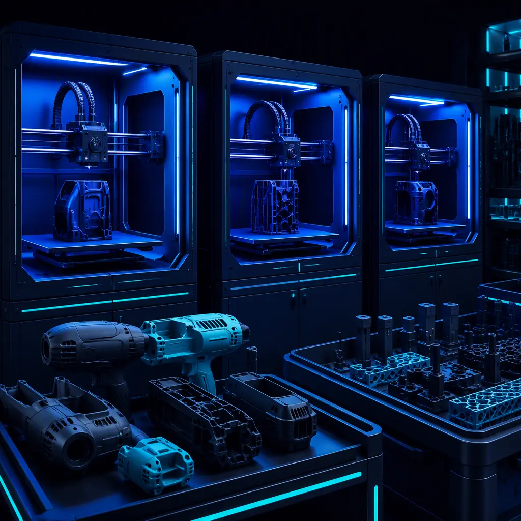 Row of 3D printers producing power tool parts in a print farm, LED-lit chambers, finished housings and fixtures in the collection area, studio lighting