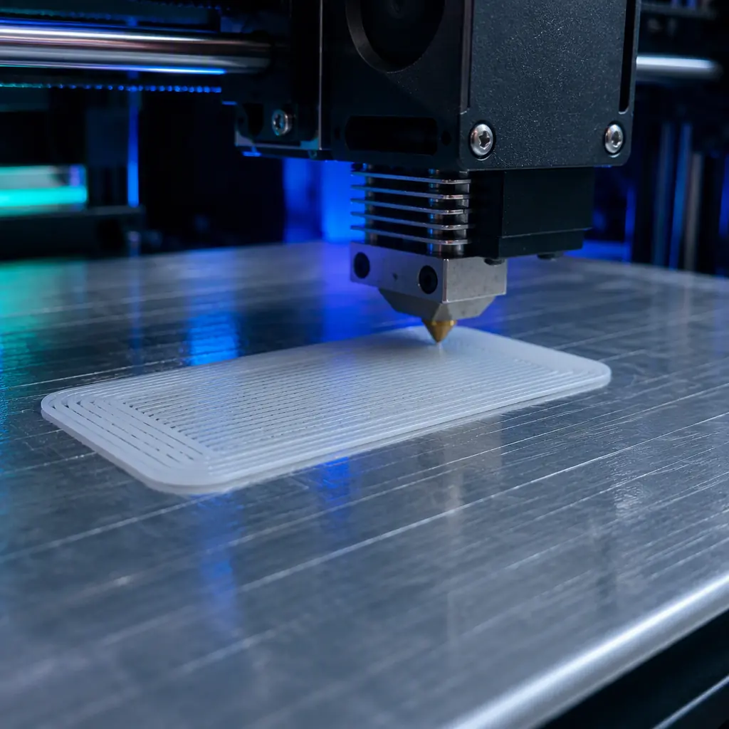 Macro close-up of a 3D printer build plate covered with translucent polypropylene tape, white PP filament first layer being laid down, print head nozzle visible, layer lines perfectly adhered to the PP surface, engineering workspace lighting