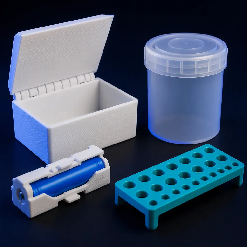Array of functional 3D printed polypropylene parts on a dark surface: white living hinge box that flexes open, translucent chemical-resistant container, battery housing clip, lab rack, all with clean layer lines, studio macro product photography