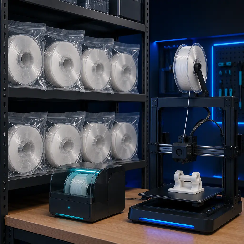 Translucent polypropylene filament spools on a warehouse shelf next to a filament dryer, spools in sealed bags with labels, one spool mounted on a 3D printer printing a white hinge part, clean industrial shelving, cool blue lighting