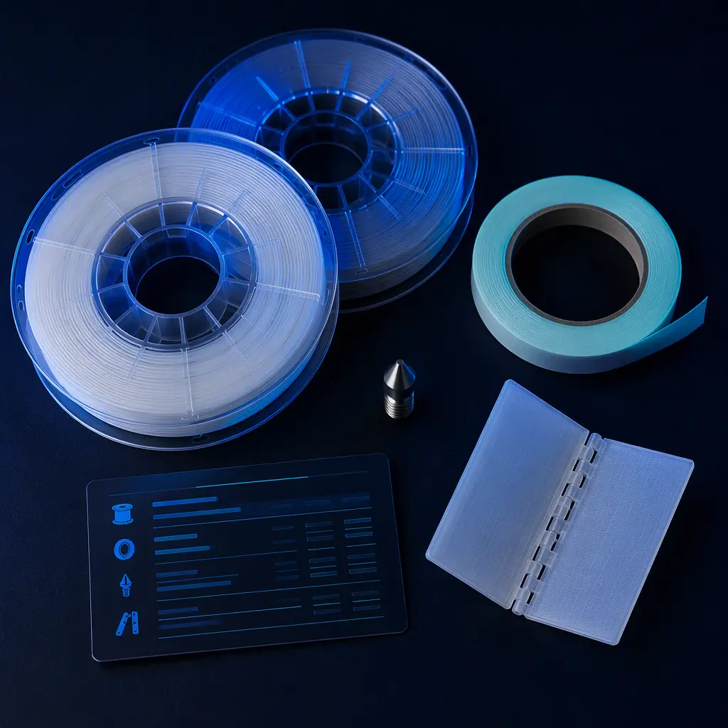 PP filament starter kit flat lay on dark surface: two translucent filament spools, roll of PP build surface tape, hardened steel nozzle, printed settings card, printed living hinge sample flexed open, studio product photography with blue accent lighting