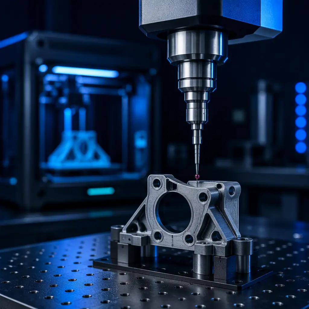 Macro of a printed part measured on a coordinate measuring machine in a metrology lab with a 3D printer in the background, first article inspection theme