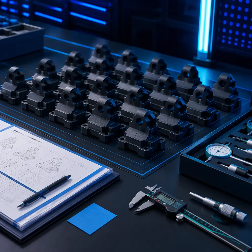 Rows of identical printed parts in a grid on an inspection bench with documentation folder and gauges, batch approval theme