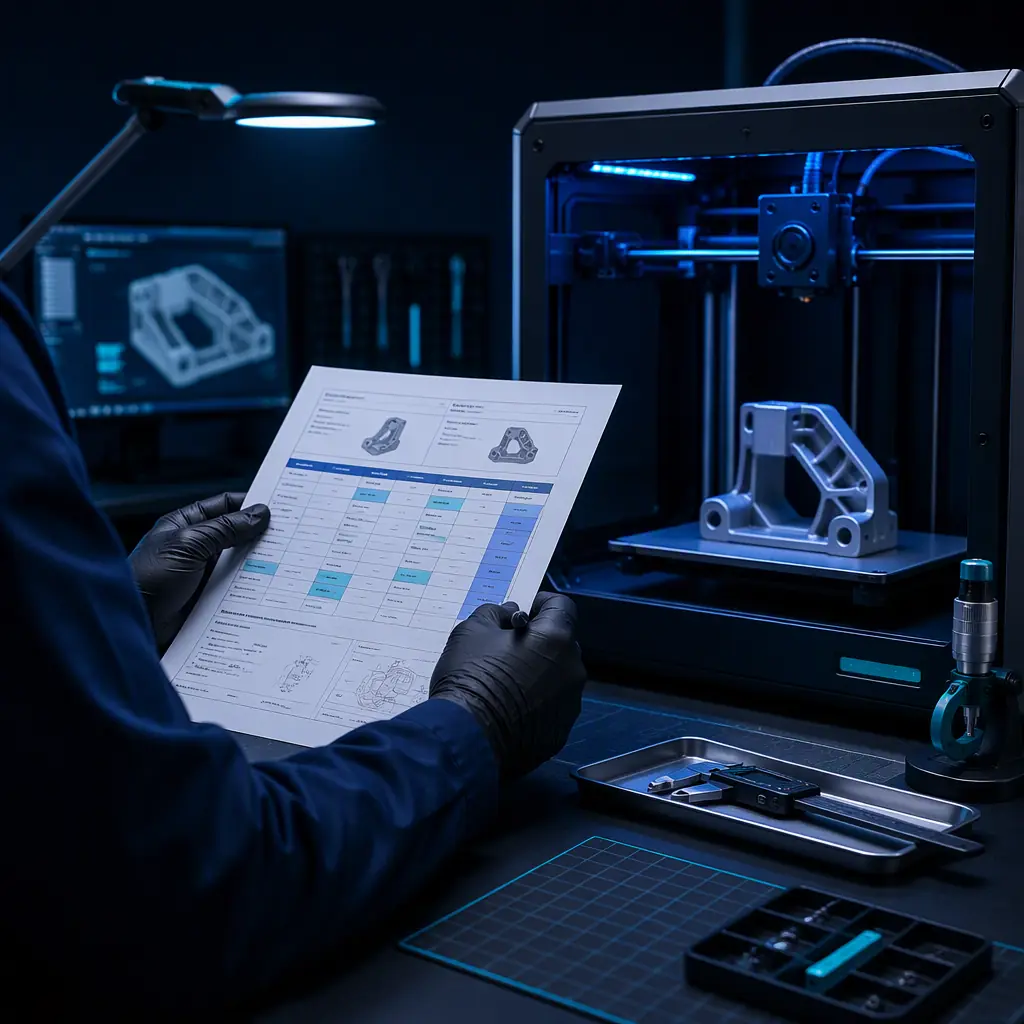 Quality technician reviewing a control plan document beside an open 3D printer with a finished part on the build plate, no face visible