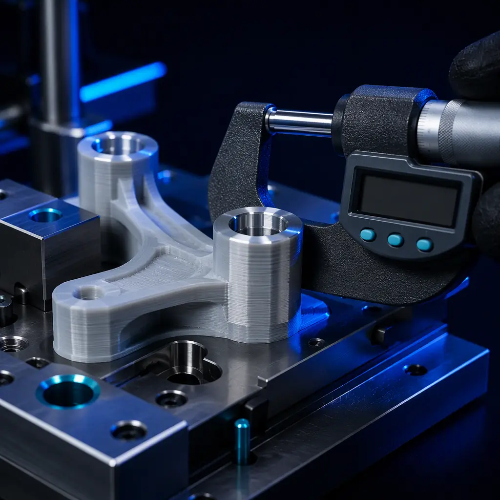 Close-up of a printed part seated in a fixture being measured with a digital micrometer, dimensional inspection theme