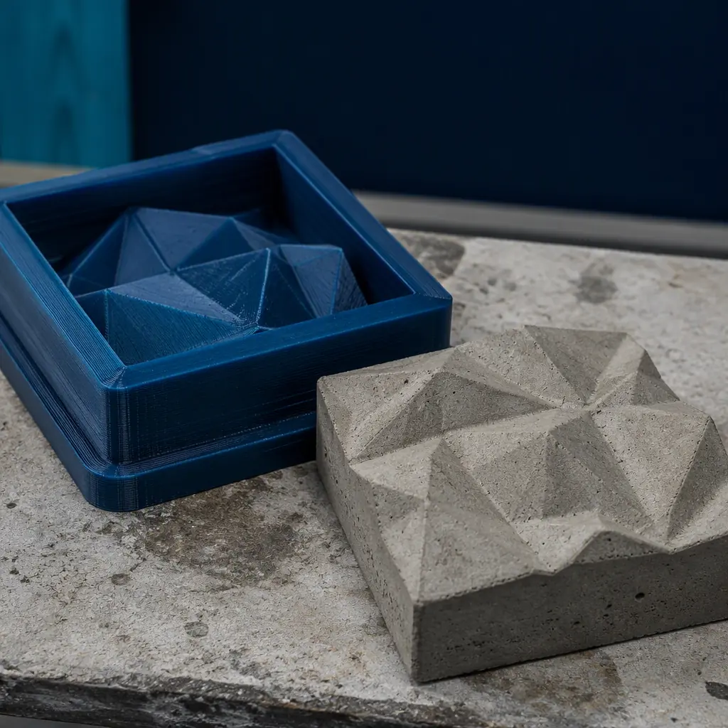 3D printed PETG formwork mold with geometric relief pattern next to a fresh concrete paver cast from it, precast workshop bench, photorealistic, no people, no text, no logos