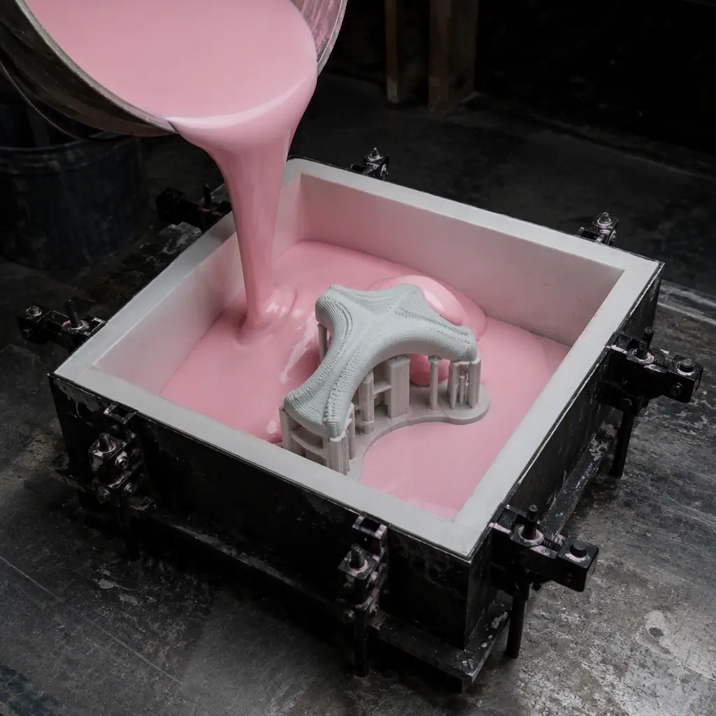 Silicone rubber production mold being poured over a 3D printed master pattern on a workshop table, precast studio, photorealistic, no people, no text, no logos