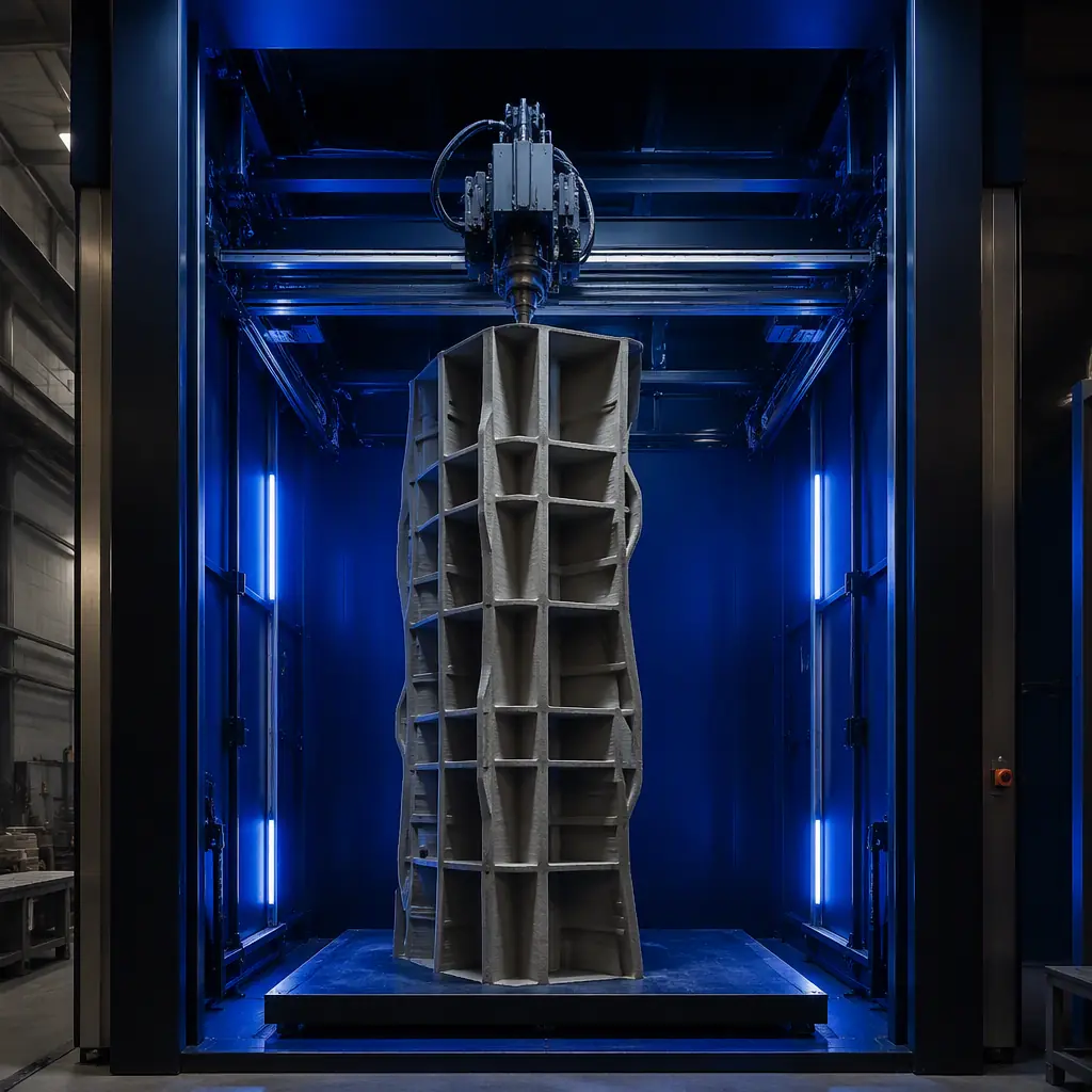 Large-format 3D printer printing a concrete formwork mold in a precast workshop, build plate with tall mold geometry visible, industrial lighting, photorealistic, no people, no text, no logos