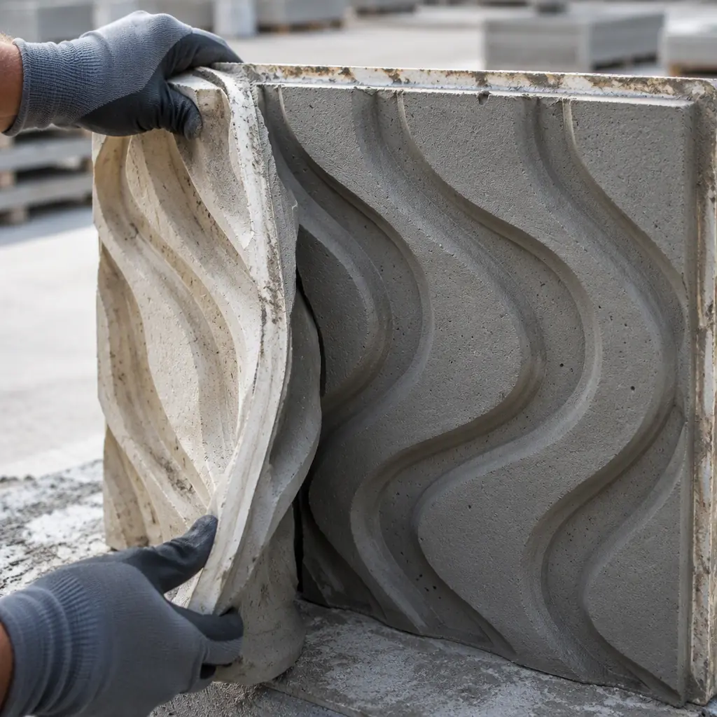 Fresh concrete element being stripped from a printed formwork mold, hands in work gloves pulling the mold away, precast yard background, hands only no face, photorealistic, no text, no logos