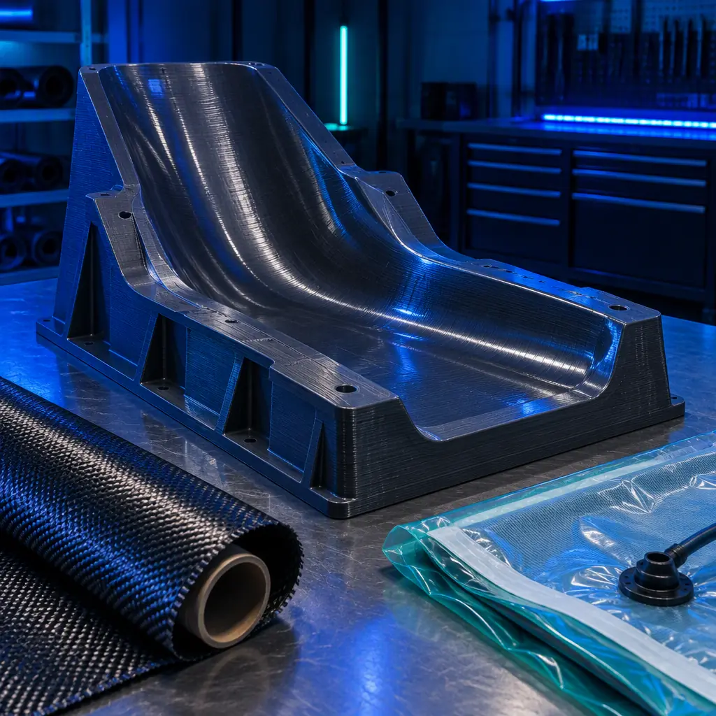 Photograph of a large 3D printed layup mold with a glossy sealed surface standing on a composites shop bench beside a rolled carbon prepreg fabric and a debulking vacuum bag