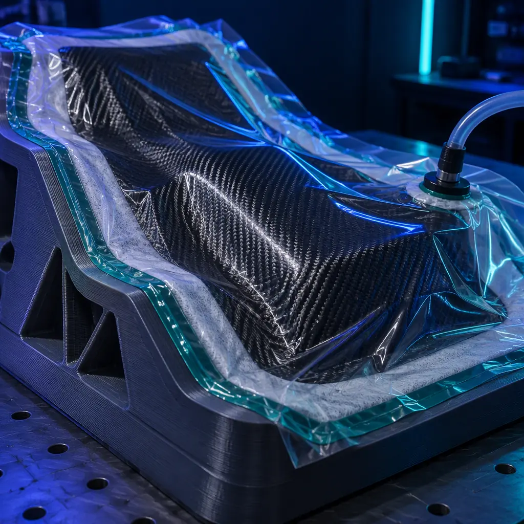 Photograph of a carbon fibre prepreg layup being consolidated under a vacuum bag on a printed composite mold with a breather layer and sealant tape visible at the tool edge