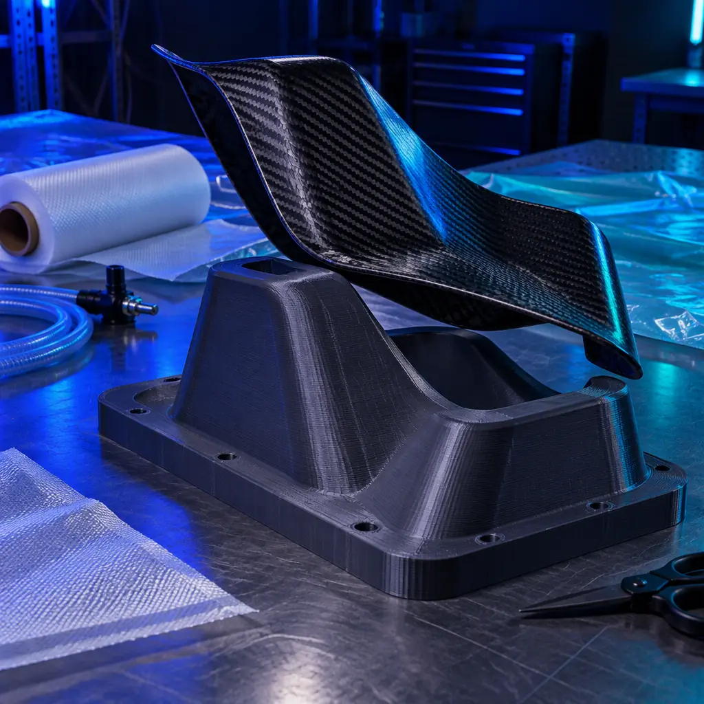 Photograph of a finished carbon fibre composite component being lifted off a 3D printed layup mold on a composites shop bench with vacuum bagging consumables and a peel ply roll nearby