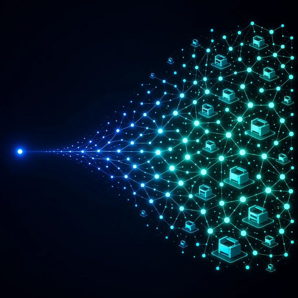 Visualization of scaling from single printer to print farm network