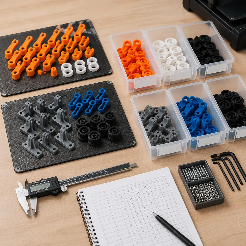 Close-up of 3D printed parts being removed from multiple printer build plates simultaneously, finished parts of various colors arranged in sorting bins by order number, clean organized workspace