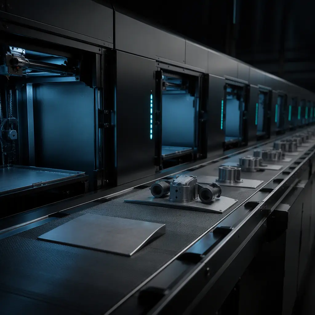 Rows of enclosed 3D printers operating in an automated print farm, LED-lit print chambers, conveyor system beneath the printers, finished parts moving on the conveyor, deep navy tones with electric blue accent lighting, industrial photography