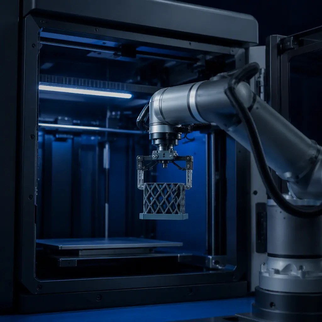 Robotic arm removing a finished 3D printed part from an open print chamber, camera-guided gripper, enclosed printer with LED-lit interior, engineering lab setting, cool blue tones, photorealistic industrial photography