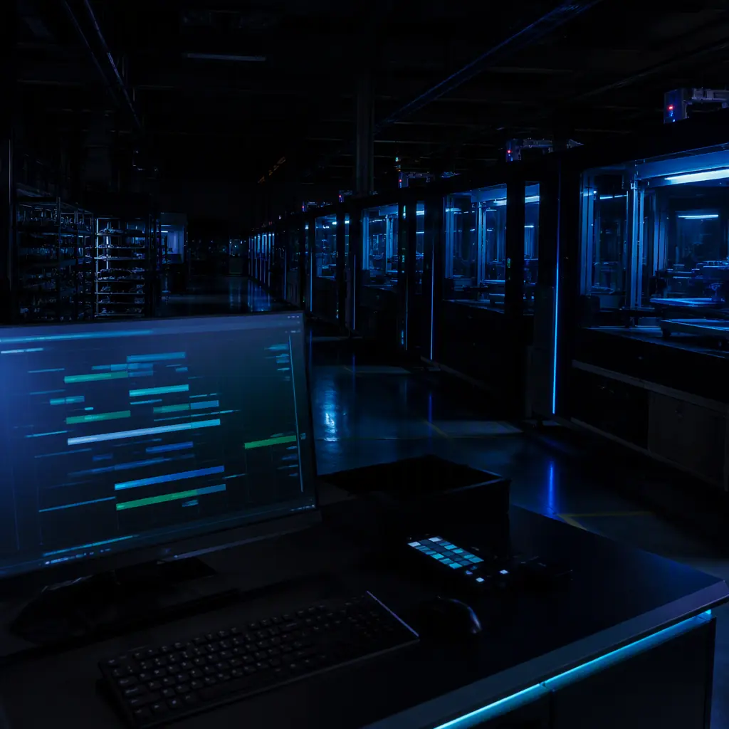 Control station overlooking an automated print farm, large monitor showing print queue dashboard, rows of enclosed 3D printers with blue LED chamber glow in background, dark industrial room with electric blue accents, photorealistic