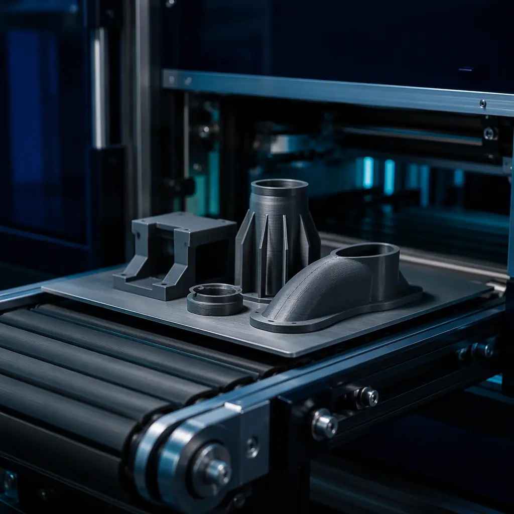 Close-up of conveyor-fed 3D printer build plate system, flexible steel plate moving onto a conveyor belt, finished printed parts on the belt, macro industrial photography, cool blue and teal tones