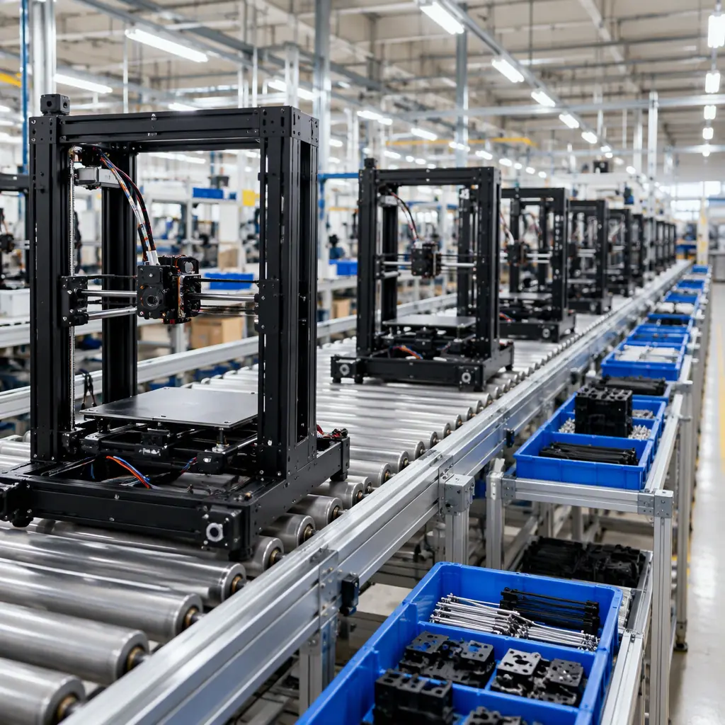 Photograph of a busy 3D printer assembly line in a bright factory with partially assembled printer frames on roller tables and parts trays alongside