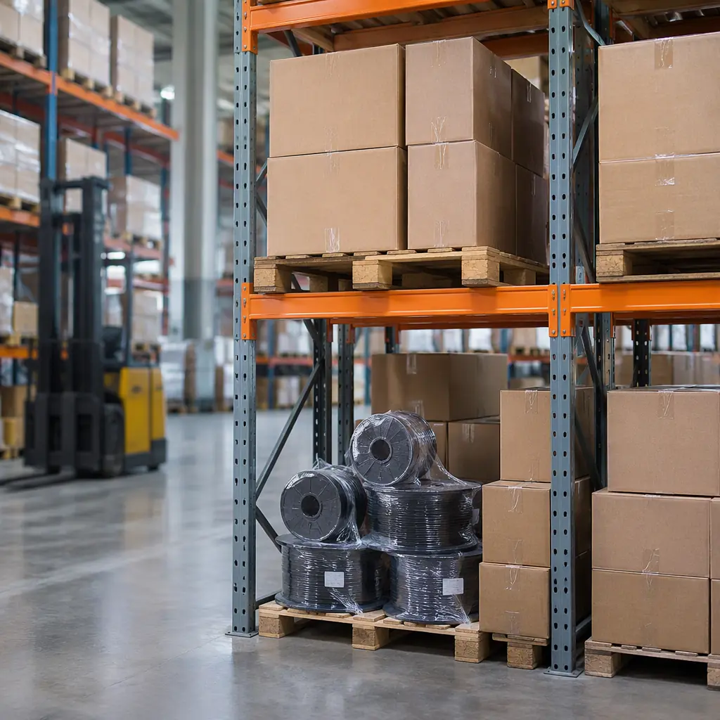 Photograph of warehouse racking stocked with sealed export cartons and pallets of 3D printer components with a forklift blurred in the background