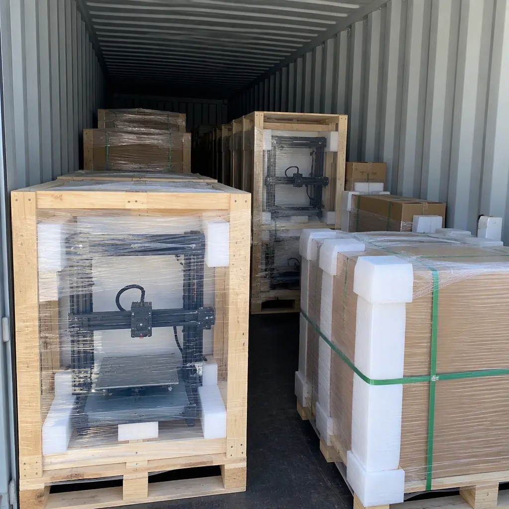 Close-up photograph of a shipping container interior loaded with crated 3D printers and foam-protected pallets with corrugated metal walls and cool daylight